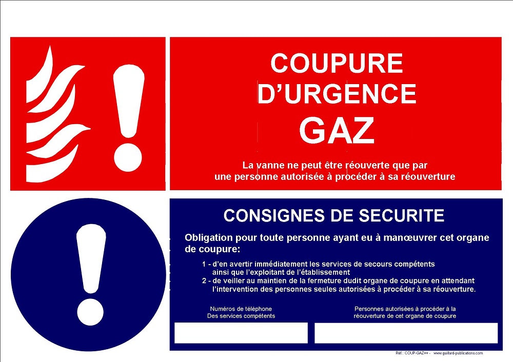  Panneau de signalisation COUPURE D'URGENCE GAZ avec consignes de sécurité, en PVC avec dos autocollant - COUPGAZ++