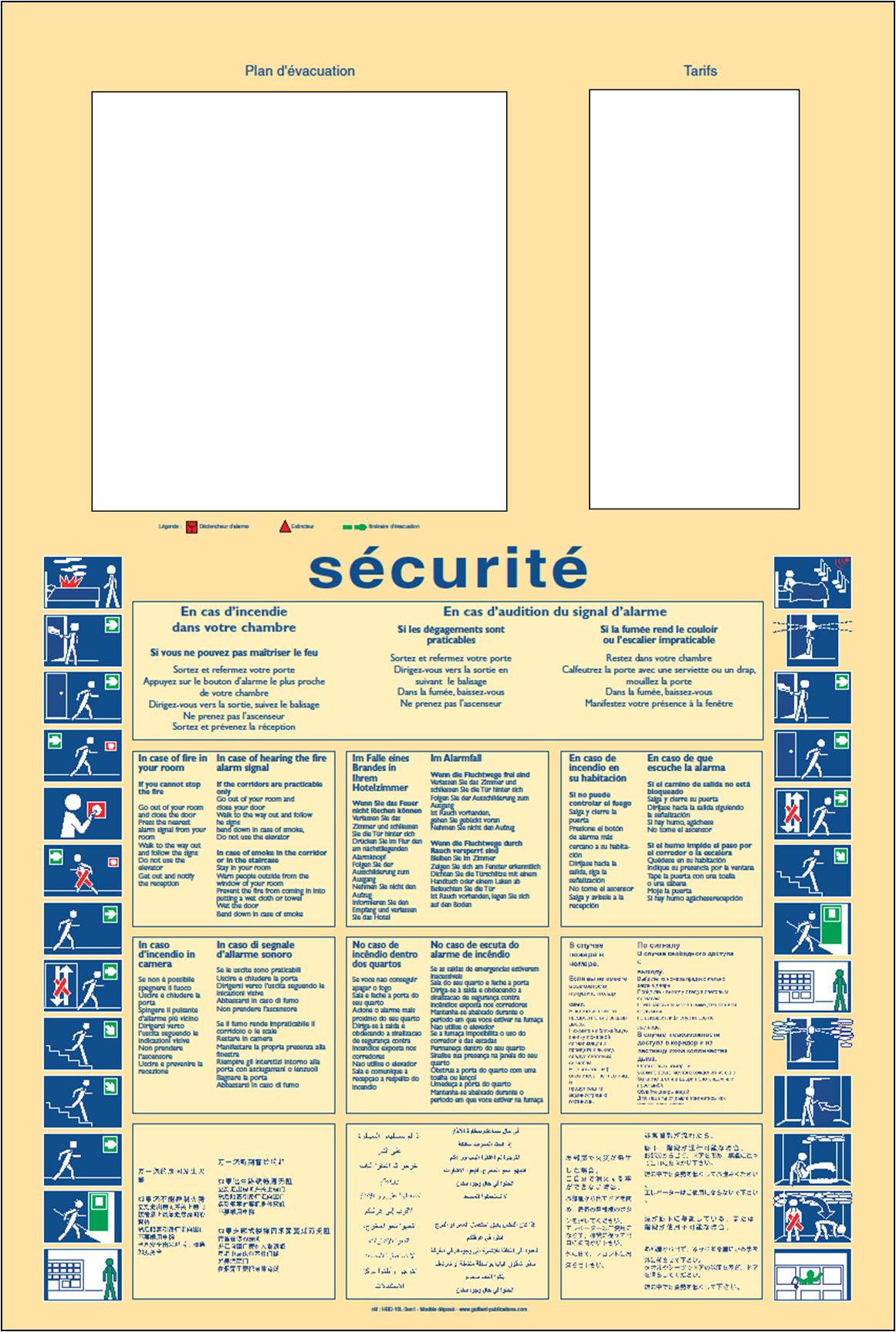 HOTEL  -  CHAMBRE Panneau de consignes en 10 langues avec fenêtres pour plan d'évacuation et tarifs - HBD.10L.3en1