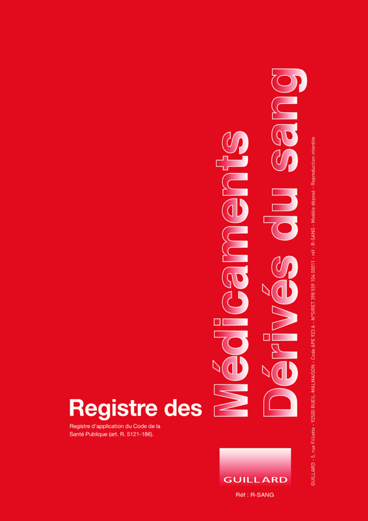 PHARMACIE Registre des MEDICAMENTS DERIVES DU SANG - Edition GUILLARD - R.SANG 