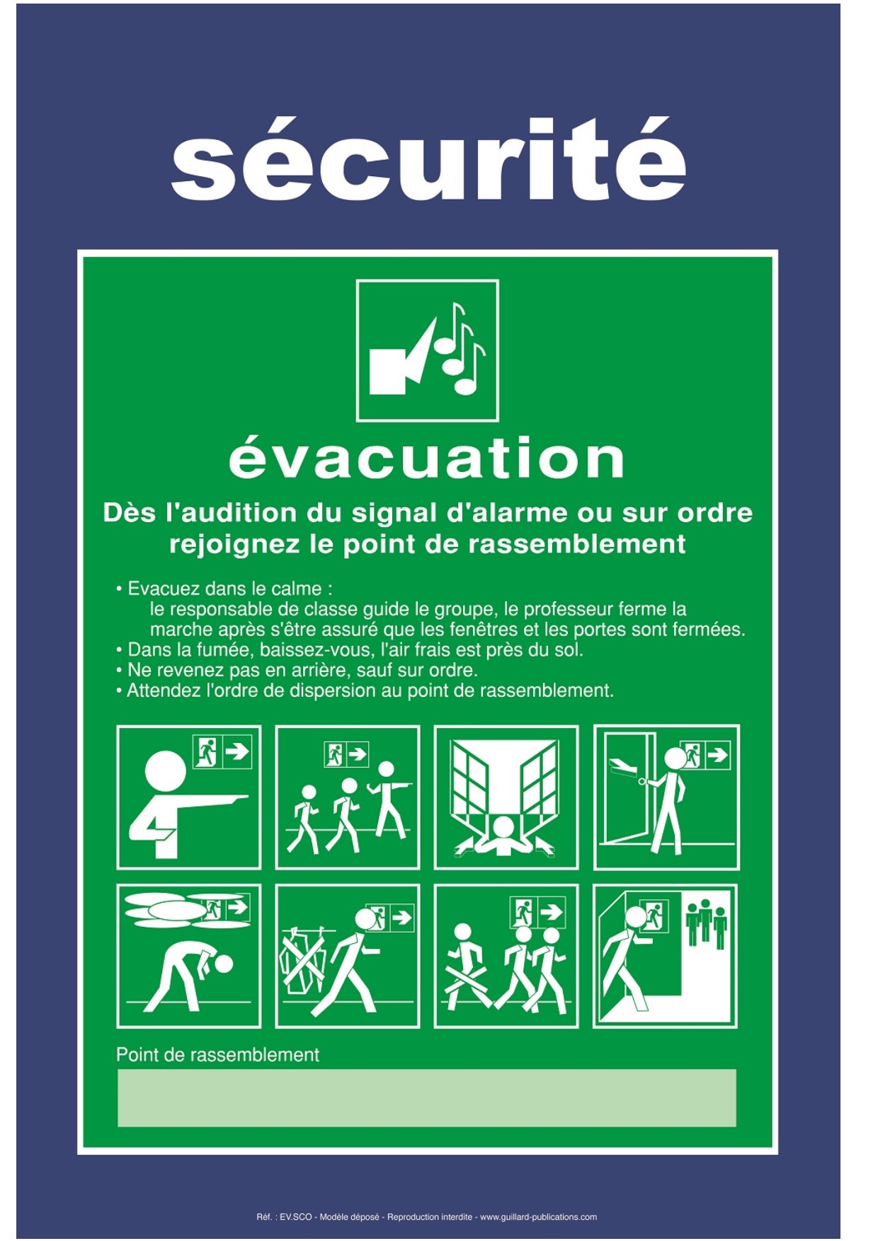 LYCEES et COLLEGES - Panneau  plaque de consignes d'évacuation pour CLASSE - EV.SCO