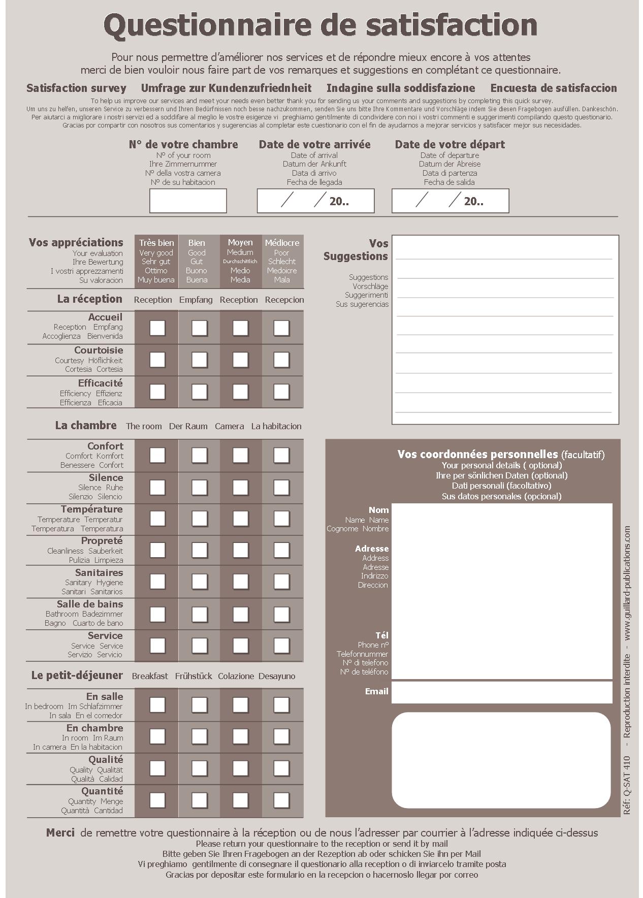 HOTEL - QUESTIONNAIRE DE SATISFACTION pour Hôtel  - QSAT.250 