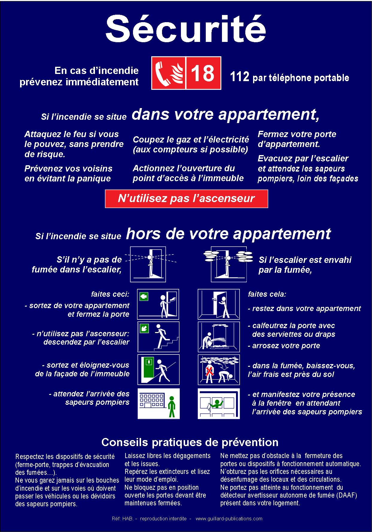 COPROPRIETES ET HLM  - Panneau de consignes de securite incendie, format A3 - HAB.A3 