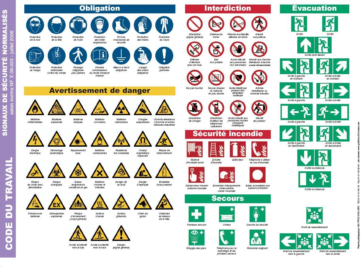 NORME NF X08003 de JUILLET 2006 -SIGNAUX DE SECURITE NORMALISES- Affiche recapitulative des SIGNAUX NORMALISES   - PPSS.PVC