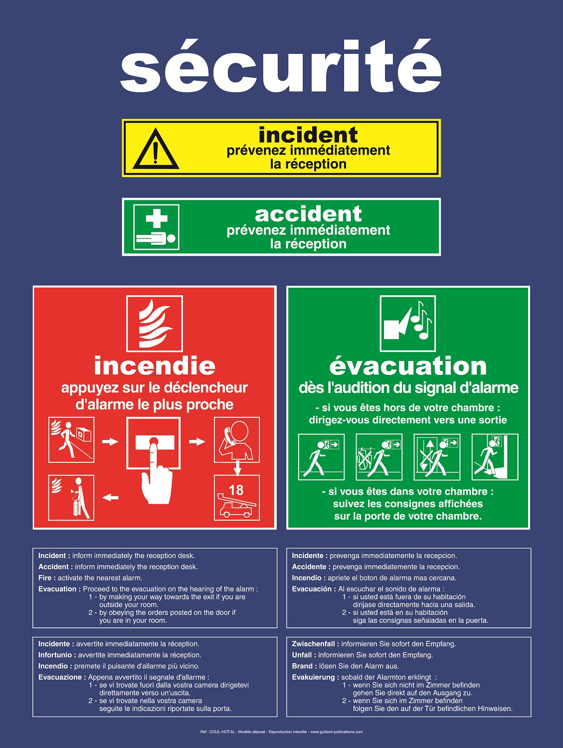 HOTEL - COULOIRS et SALLES  - Panneau de consignes Incendie Evacuation pour hotel : hall d'entree, couloir, salle a manger, salon, salle de conference... en 5 langues ( francais, anglais, allemand, italien et espagnol ) + bande dessinee - COUL.HOT.5L