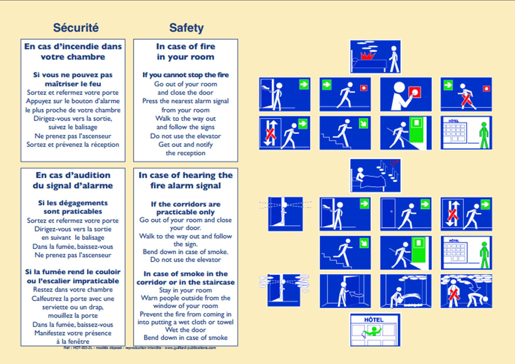 HOTEL - CHAMBRE - Panneau de consignes sécurité incendie évacuation pour chambre avec bandes dessinées en 2 langues ( français et anglais)  - HOT.BD.2L