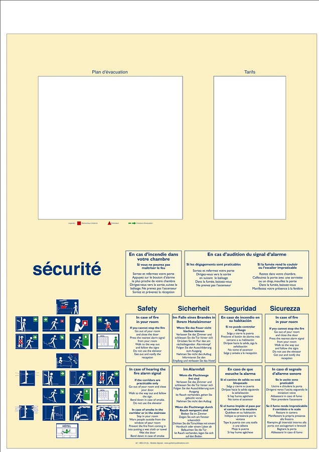 HOTEL - CHAMBRE - Panneau de CONSIGNES DE SECURITE en 5 langues avec BD et fenetres pour plan evacuation et tarifs . HBD.CH.3en1