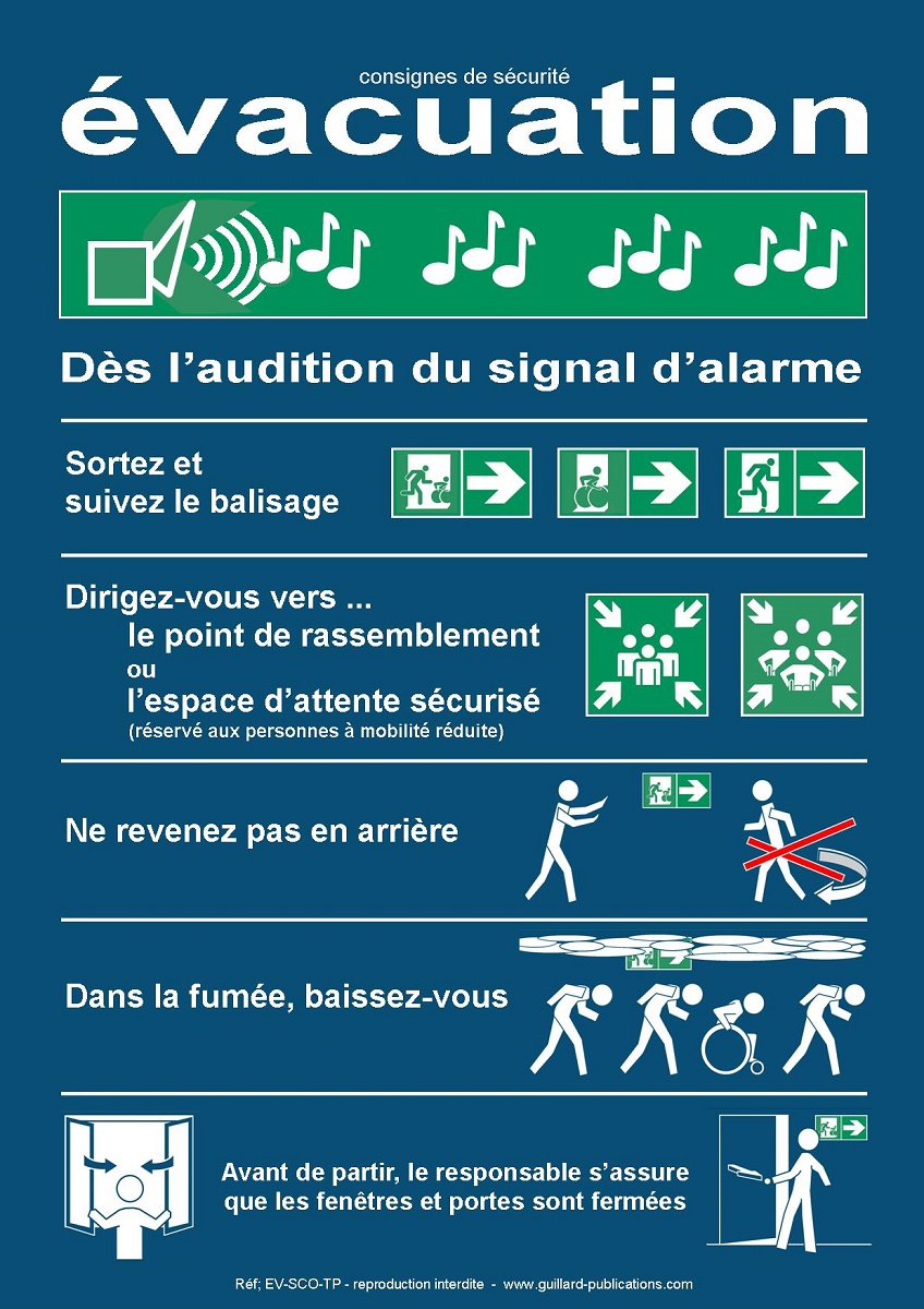 LYCEES et COLLEGES - Panneau plaque de consignes d'evacuation CLASSE pour etablissement avec ESPACE D'ATTENTE SECURISE - EV.SCO -TP