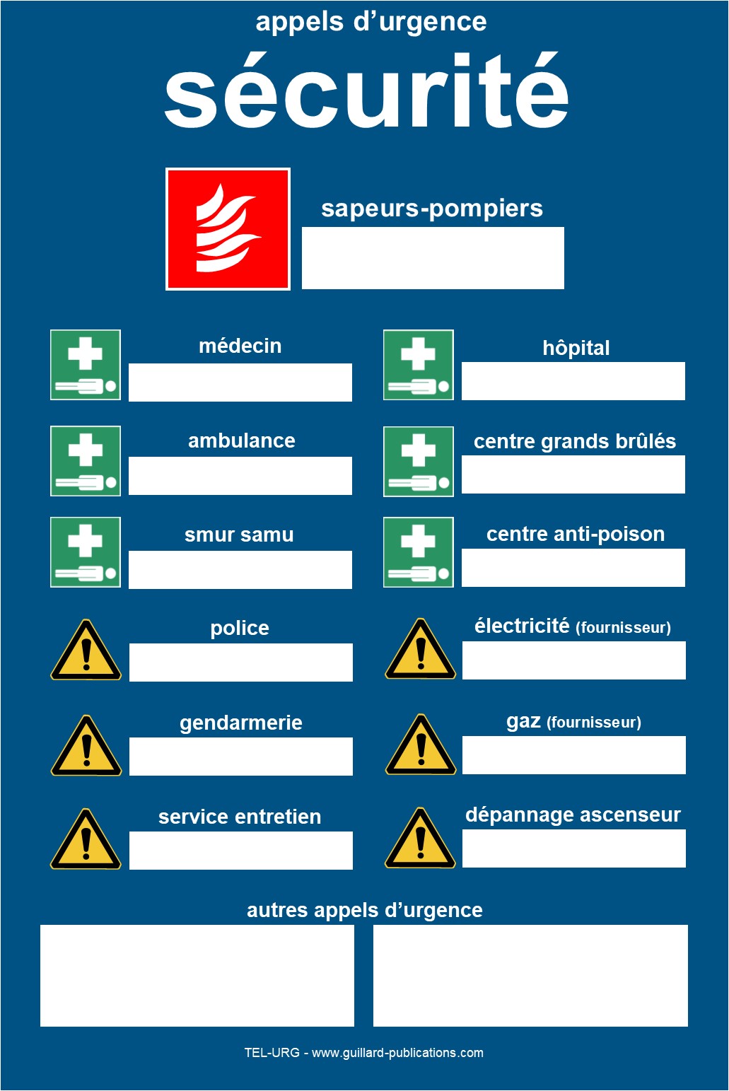 ERP et ERT - Panneau recapitulatif des numeros de TELEPHONES d'URGENCE - TEL.URG 