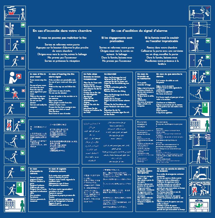 HOTEL - CHAMBRE - HOT.BD.10L -  Panneau de consignes de securite  pour CHAMBRE en 10 langues + bande dessinée