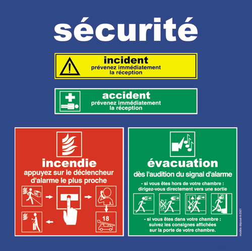 HOTEL - COULOIRS et SALLES - Panneau CONSIGNES DE SECURITE INCENDIE EVACUATION pour HALL D'HOTEL , COULOIR, SALLE A? MANGER, SALON, SALLE de CONFERENCE  en francais  - COUL.HOT.FR