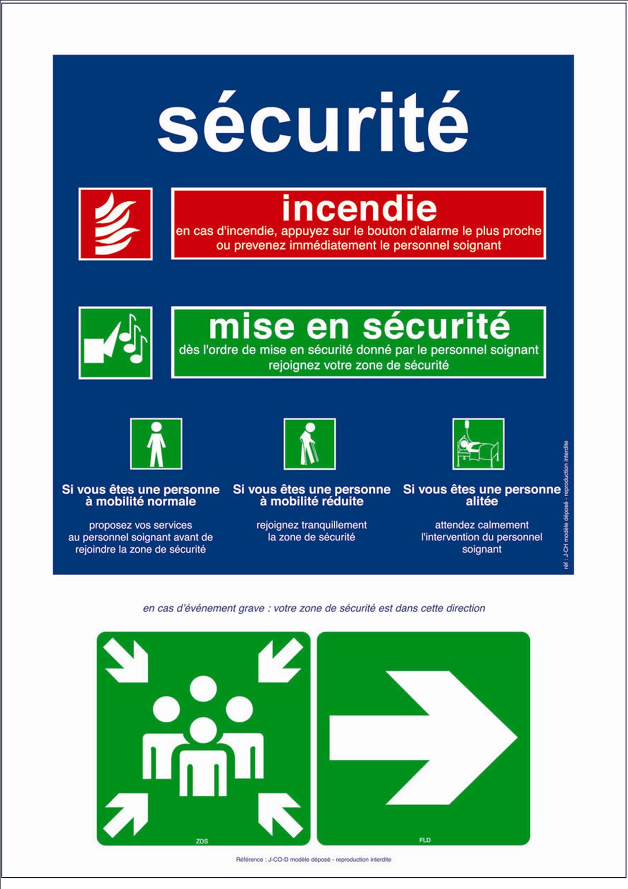  HÔPITAUX MAISONS DE RETRAITE - Panneau de consignes sécurité  COULOIR avec LIEU DE RECUEIL vers la DROITE  -  COUL.J+U.D