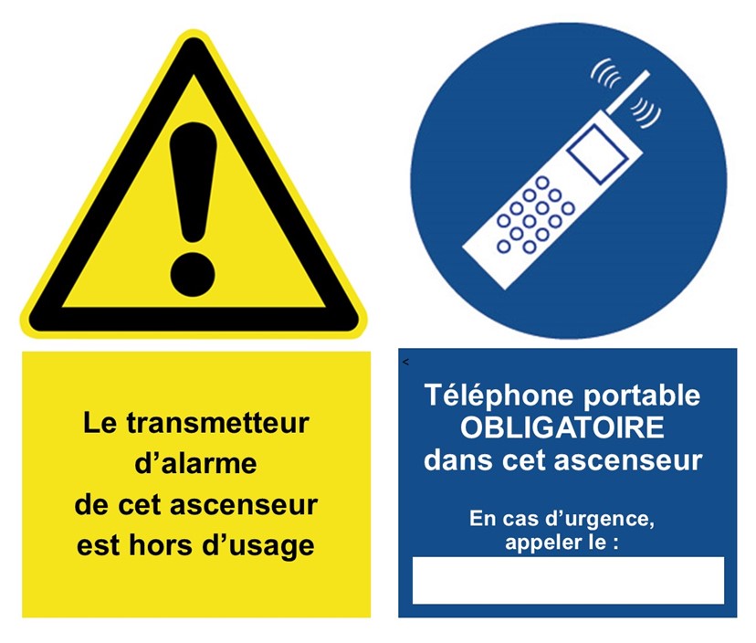 Signal TRANSMETTEUR ALARME ASCENSEUR en panne (HS) - TELEPHONE PORTABLE OBLIGATOIRE