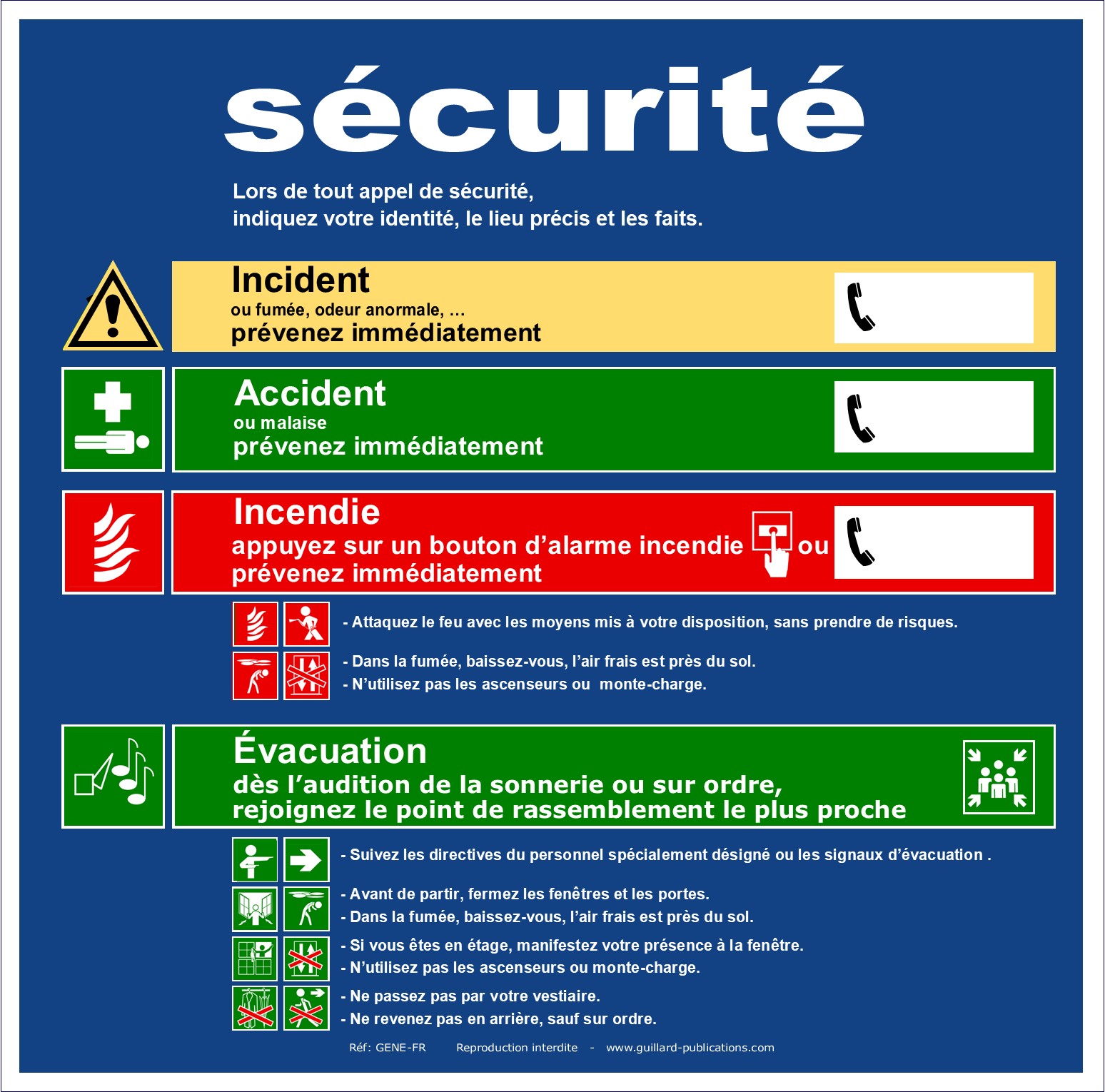 . ERP et ERT - Panneau de consignes Incendie Evacuation Accident Incident , presentation verticale - GENE.FR