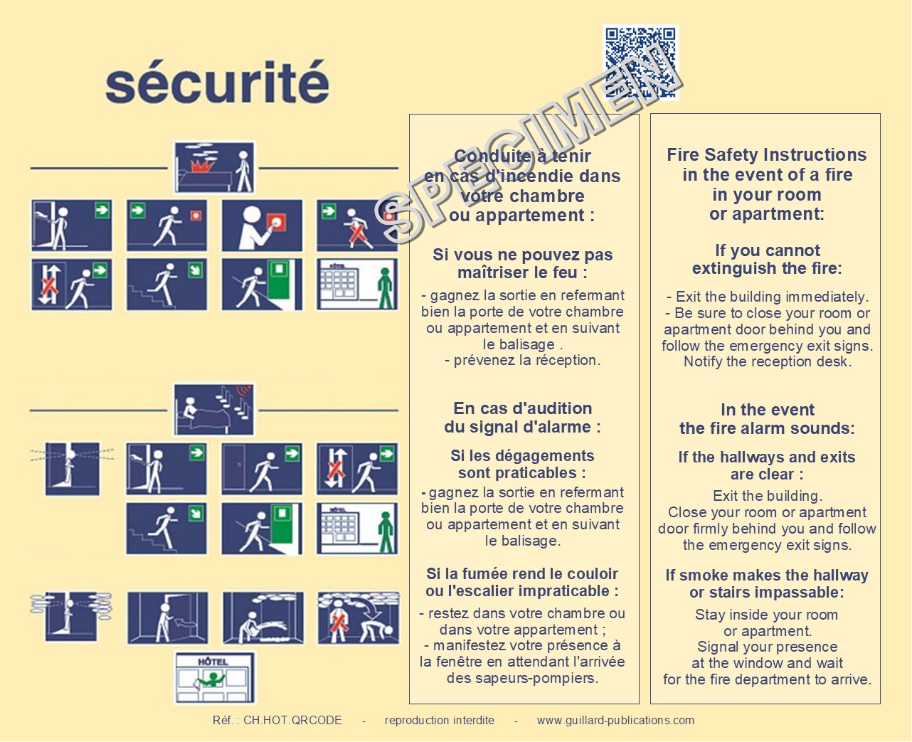 	HOTEL - CHAMBRE - Panneau de consignes securite incendie evacuation  FR.EN et QRcode multi langues ( français et anglais) - HOT.BD.2L