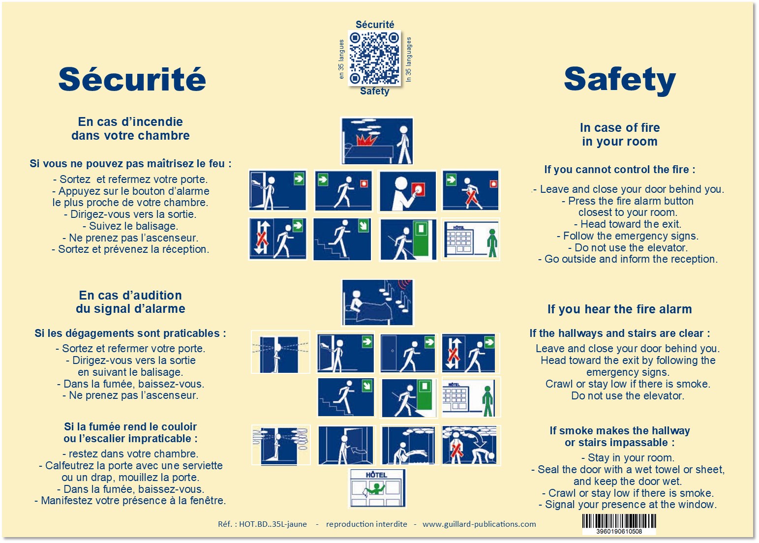 	.....HOTEL - CHAMBRE - Panneau de CONSIGNES DE SECURITE en 2 Langues FR/EN pour chambre avec QR Code 35 langues (fond jaune)